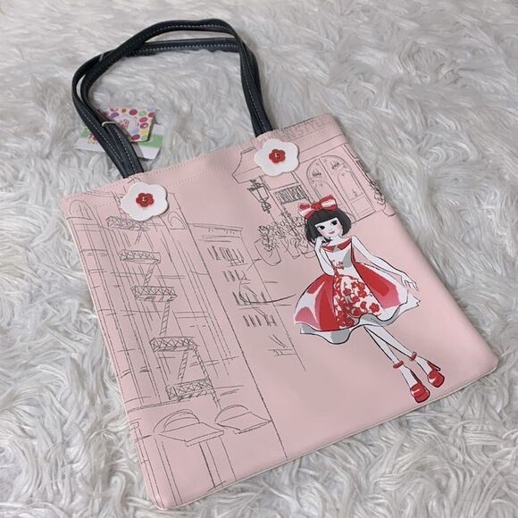 KURHN novelty print tote bag pink/cream magnetic closure slip pocket - Picture 6 of 6